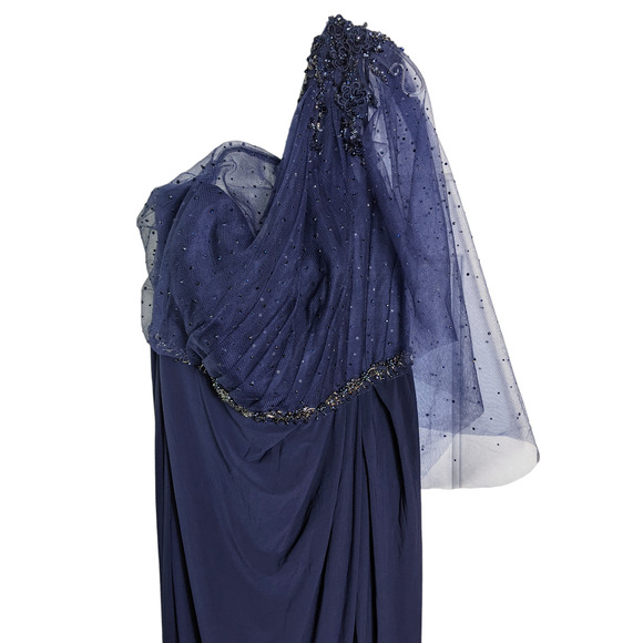 Mac Duggal 16 navy Embellished One Shoulder Draped Gown dress mesh sequin prom - Picture 5 of 7